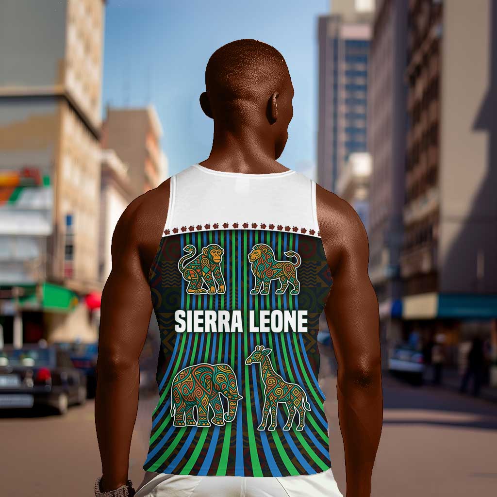 Sierra Leone Men Tank Top - Tribal Animal Pattern Featuring Lion Elephant Giraffe and Monkey