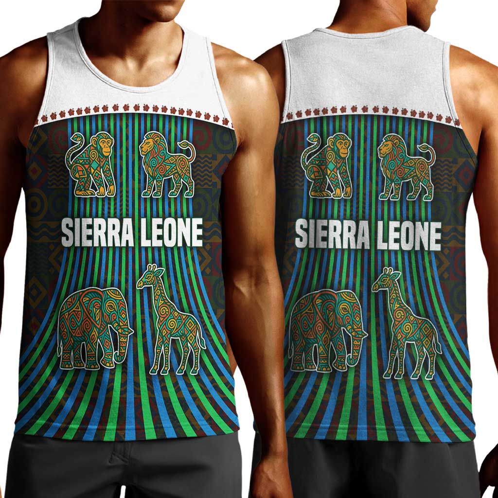 Sierra Leone Men Tank Top - Tribal Animal Pattern Featuring Lion Elephant Giraffe and Monkey