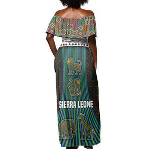 Sierra Leone Off Shoulder Maxi Dress - Tribal Animal Pattern Featuring Lion Elephant Giraffe and Monkey