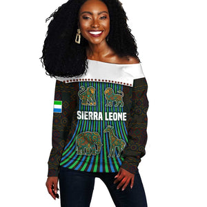 Sierra Leone Off Shoulder Sweater - Tribal Animal Pattern Featuring Lion Elephant Giraffe and Monkey