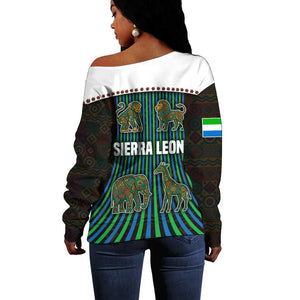 Sierra Leone Off Shoulder Sweater - Tribal Animal Pattern Featuring Lion Elephant Giraffe and Monkey