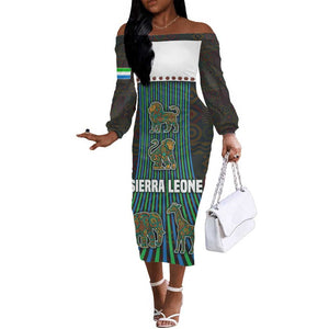 Sierra Leone Off The Shoulder Long Sleeve Dress - Tribal Animal Pattern Featuring Lion Elephant Giraffe and Monkey