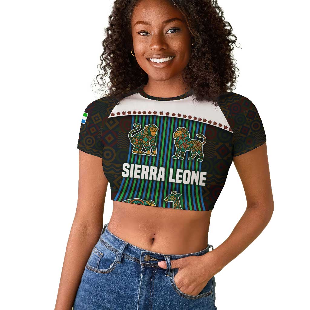 Sierra Leone Raglan Cropped T shirt - Tribal Animal Pattern Featuring Lion Elephant Giraffe and Monkey
