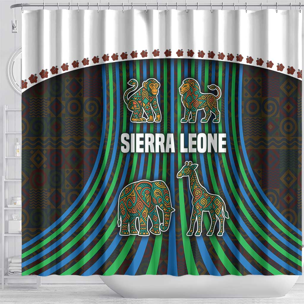 Sierra Leone Shower Curtain - Tribal Animal Pattern Featuring Lion Elephant Giraffe and Monkey