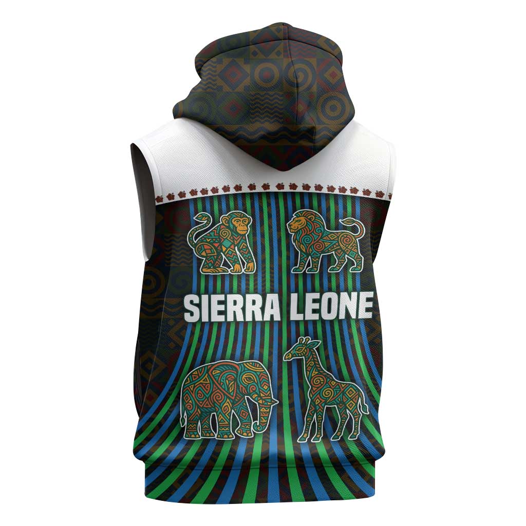Sierra Leone Sleeveless Hoodie - Tribal Animal Pattern Featuring Lion Elephant Giraffe and Monkey - African Pride