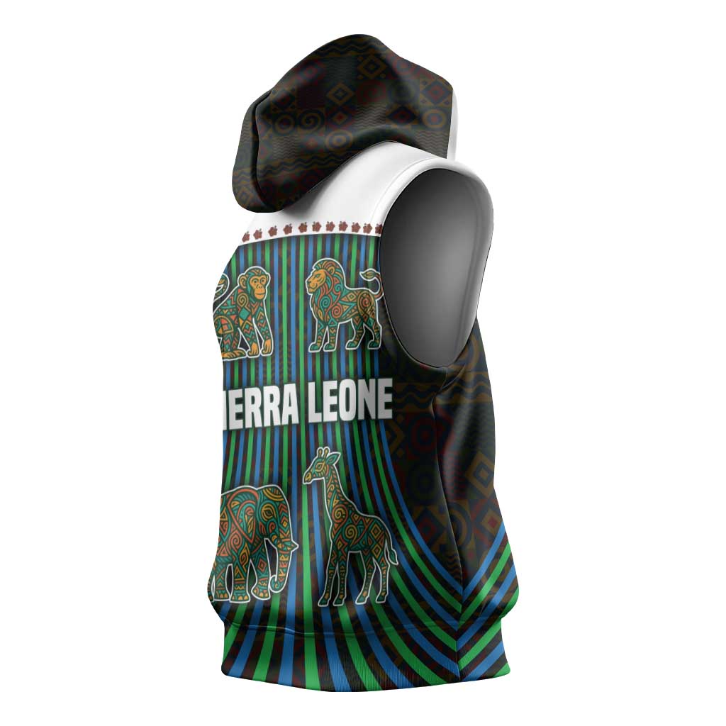 Sierra Leone Sleeveless Hoodie - Tribal Animal Pattern Featuring Lion Elephant Giraffe and Monkey - African Pride