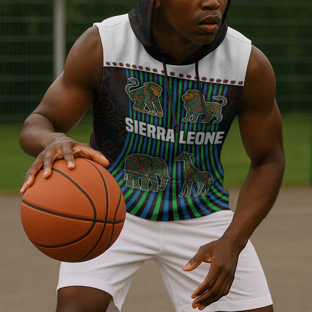Sierra Leone Sleeveless Hoodie - Tribal Animal Pattern Featuring Lion Elephant Giraffe and Monkey - African Pride
