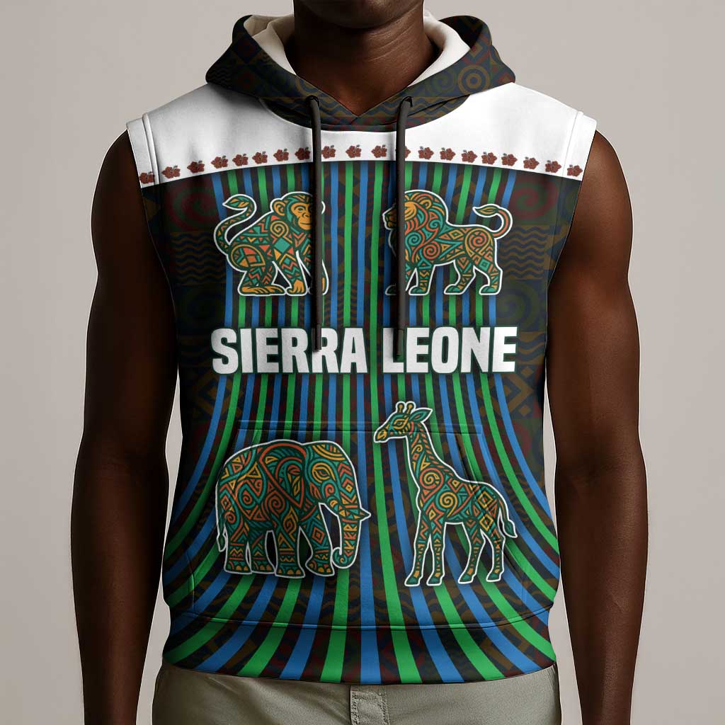 Sierra Leone Sleeveless Hoodie - Tribal Animal Pattern Featuring Lion Elephant Giraffe and Monkey - African Pride