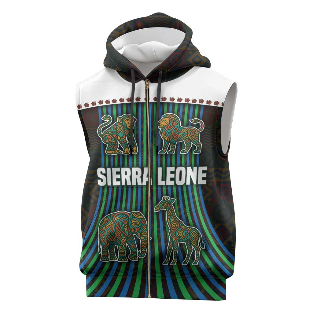 Sierra Leone Sleeveless Zip Hoodie - Tribal Animal Pattern Featuring Lion Elephant Giraffe and Monkey - African Pride