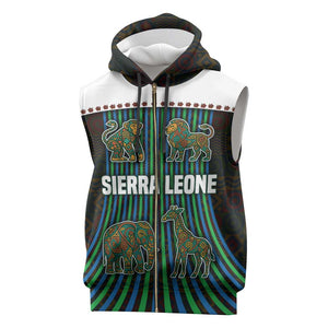Sierra Leone Sleeveless Zip Hoodie - Tribal Animal Pattern Featuring Lion Elephant Giraffe and Monkey - African Pride