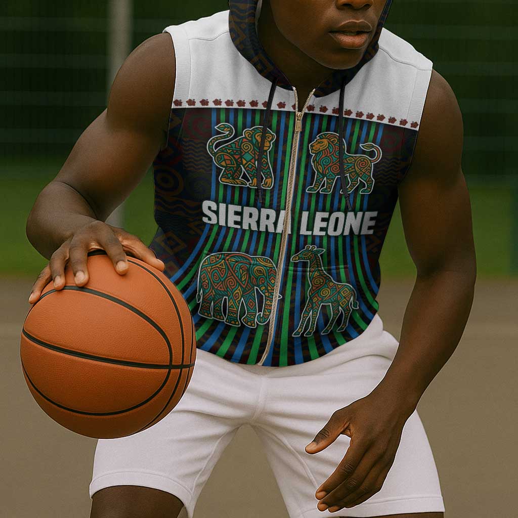 Sierra Leone Sleeveless Zip Hoodie - Tribal Animal Pattern Featuring Lion Elephant Giraffe and Monkey - African Pride