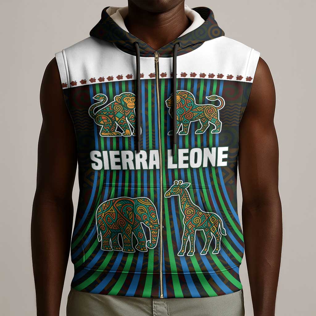Sierra Leone Sleeveless Zip Hoodie - Tribal Animal Pattern Featuring Lion Elephant Giraffe and Monkey - African Pride
