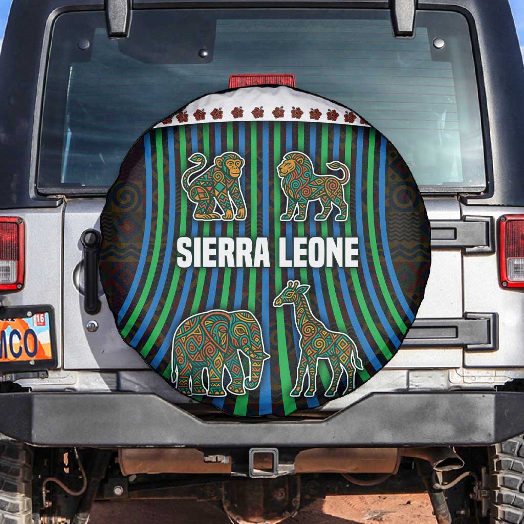 Sierra Leone Spare Tire Cover - Tribal Animal Pattern Featuring Lion Elephant Giraffe and Monkey