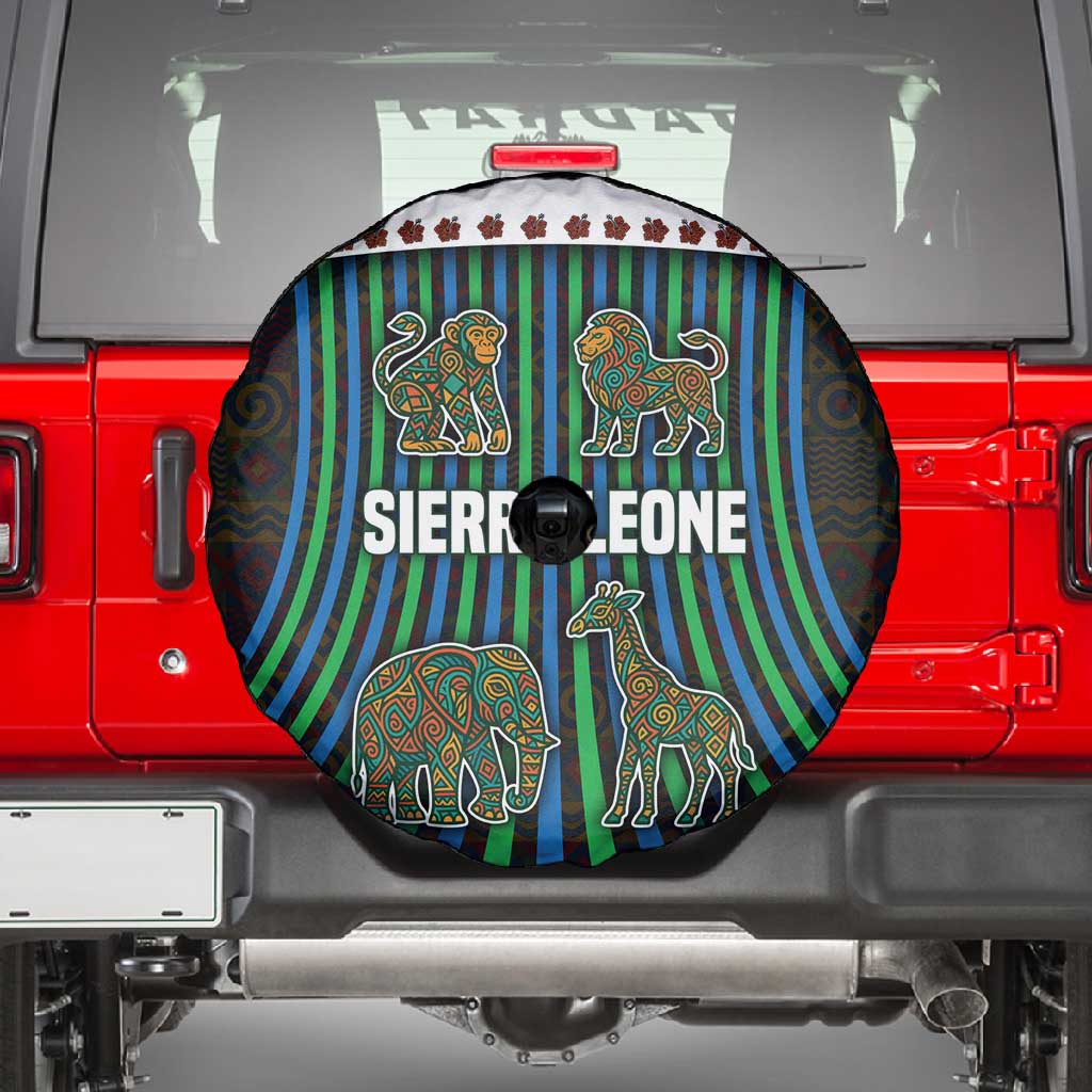 Sierra Leone Spare Tire Cover - Tribal Animal Pattern Featuring Lion Elephant Giraffe and Monkey