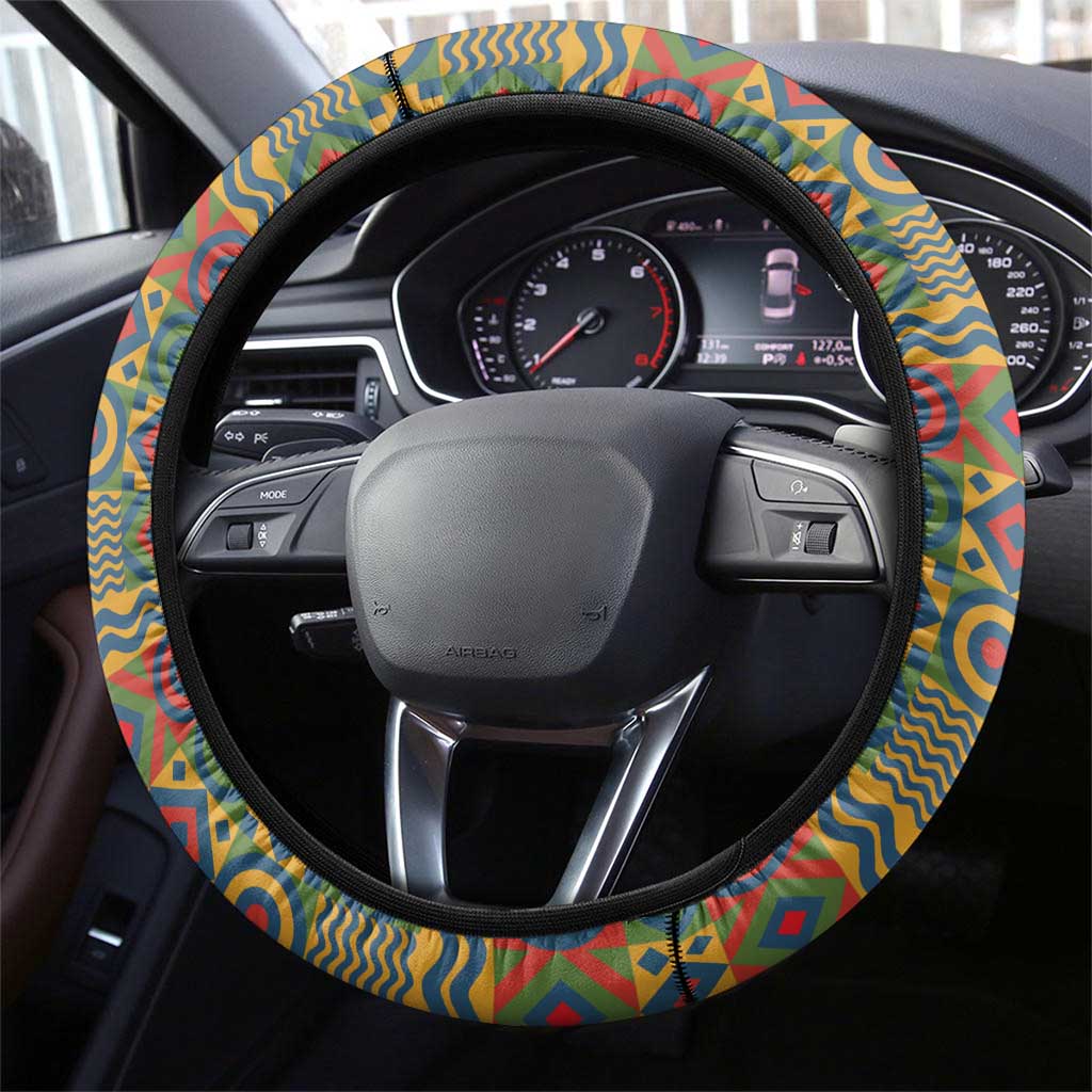 Sierra Leone Steering Wheel Cover - Tribal Animal Pattern Featuring Lion Elephant Giraffe and Monkey