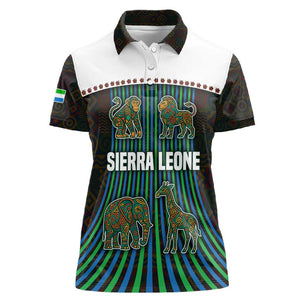 Sierra Leone Women Polo Shirt - Tribal Animal Pattern Featuring Lion Elephant Giraffe and Monkey