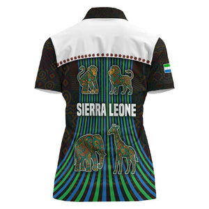 Sierra Leone Women Polo Shirt - Tribal Animal Pattern Featuring Lion Elephant Giraffe and Monkey