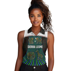 Sierra Leone Women Sleeveless Polo Shirt - Tribal Animal Pattern Featuring Lion Elephant Giraffe and Monkey