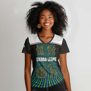 Sierra Leone Women V-Neck T-Shirt - Tribal Animal Pattern Featuring Lion Elephant Giraffe and Monkey
