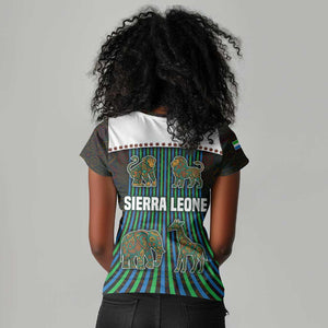 Sierra Leone Women V-Neck T-Shirt - Tribal Animal Pattern Featuring Lion Elephant Giraffe and Monkey