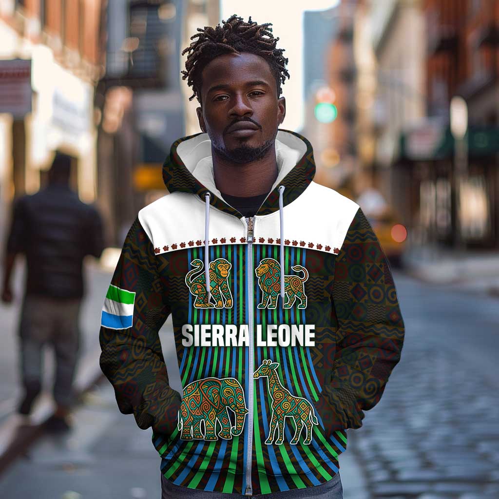 Sierra Leone Zip Hoodie - Tribal Animal Pattern Featuring Lion Elephant Giraffe and Monkey