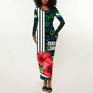 Sierra Leone Long Sleeve Bodycon Dress Red Hibiscus Floral Design