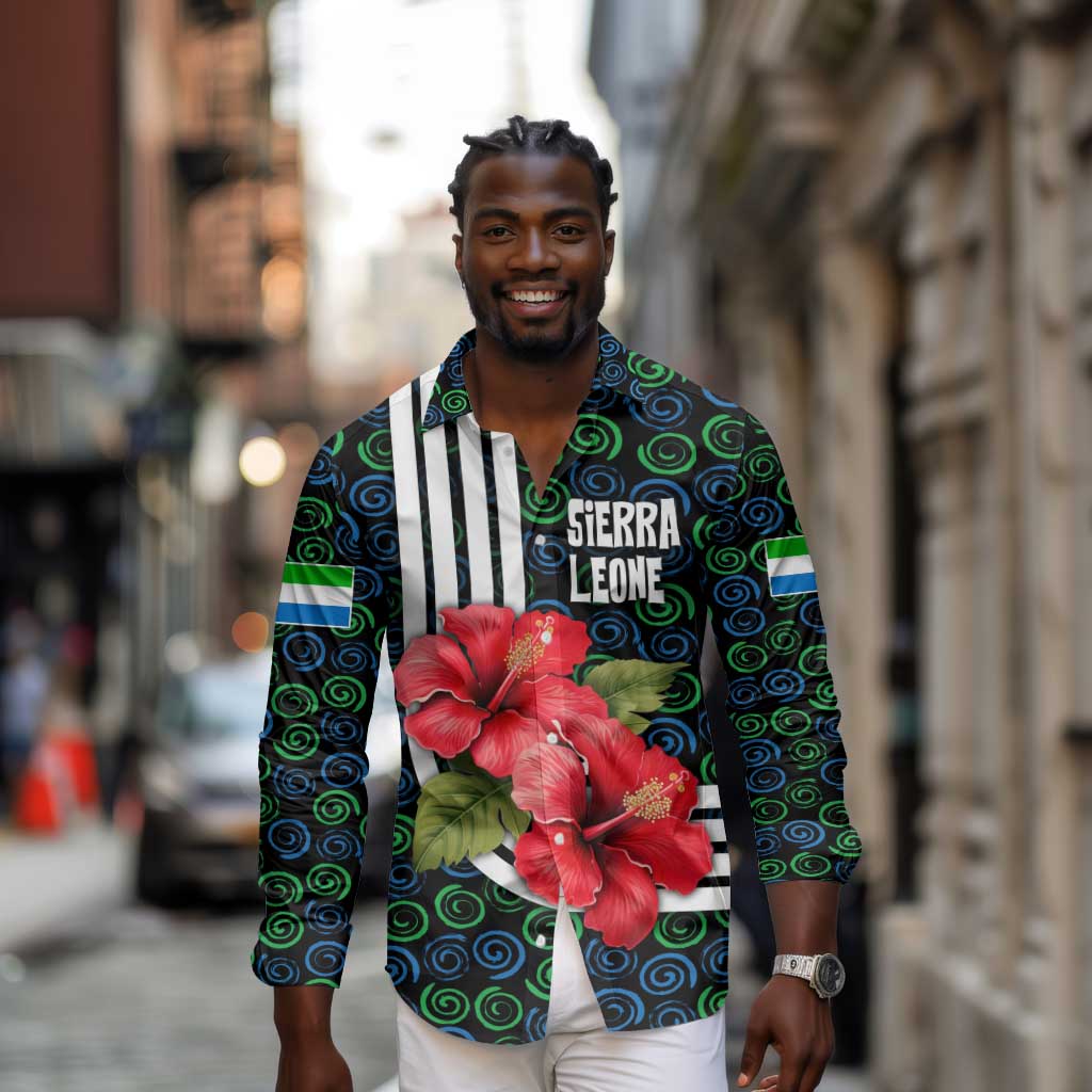Sierra Leone Long Sleeve Button Shirt Red Hibiscus Floral Design