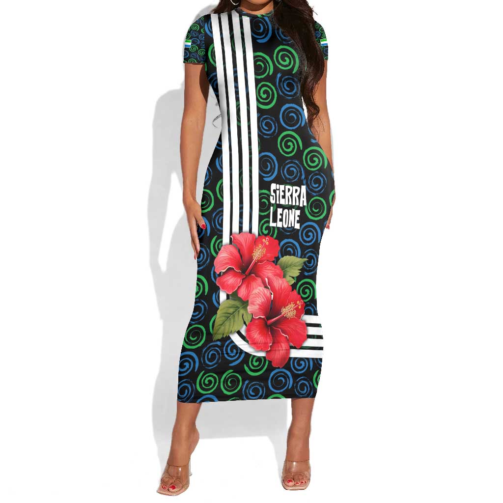 Sierra Leone Short Sleeve Bodycon Dress Red Hibiscus Floral Design