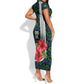 Sierra Leone Short Sleeve Bodycon Dress Red Hibiscus Floral Design