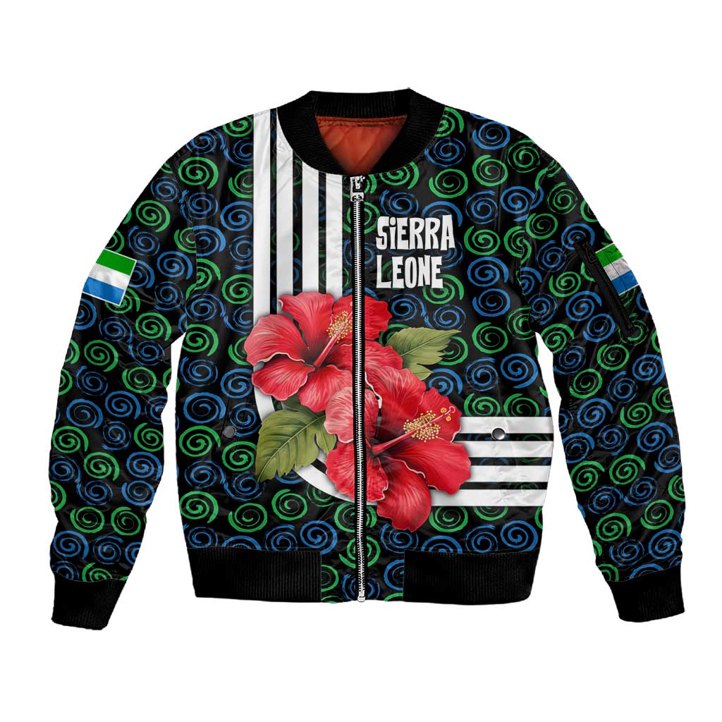 Sierra Leone Sleeve Zip Bomber Jacket Red Hibiscus Floral Design