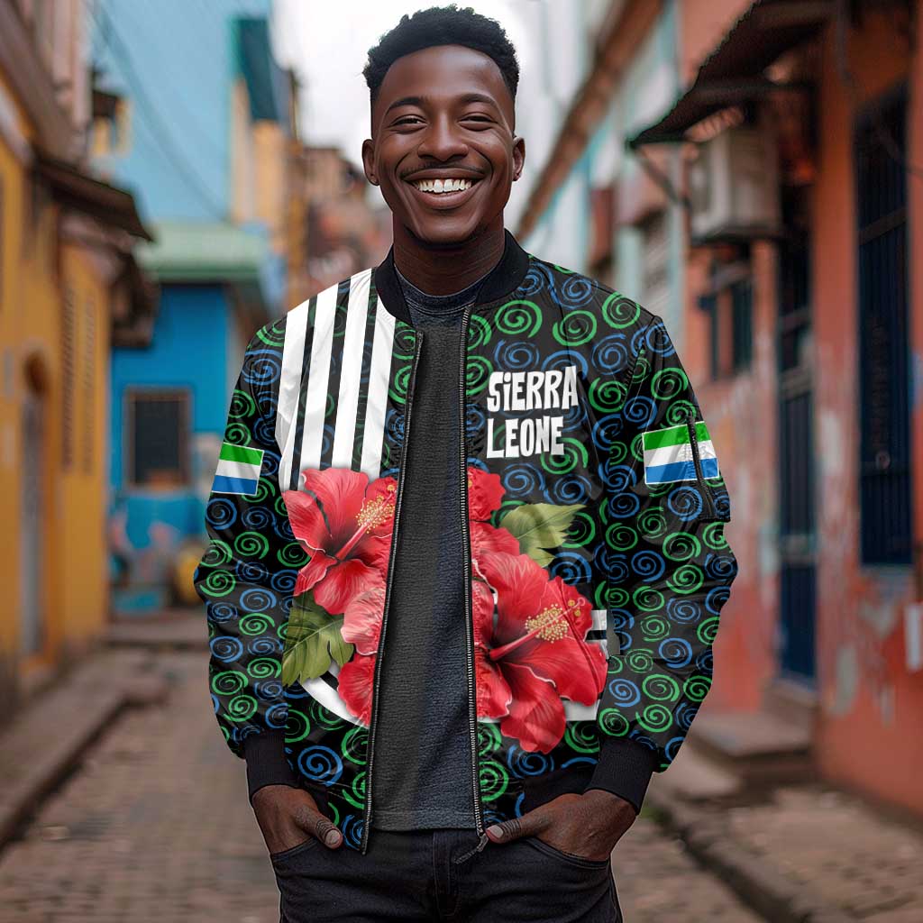 Sierra Leone Sleeve Zip Bomber Jacket Red Hibiscus Floral Design