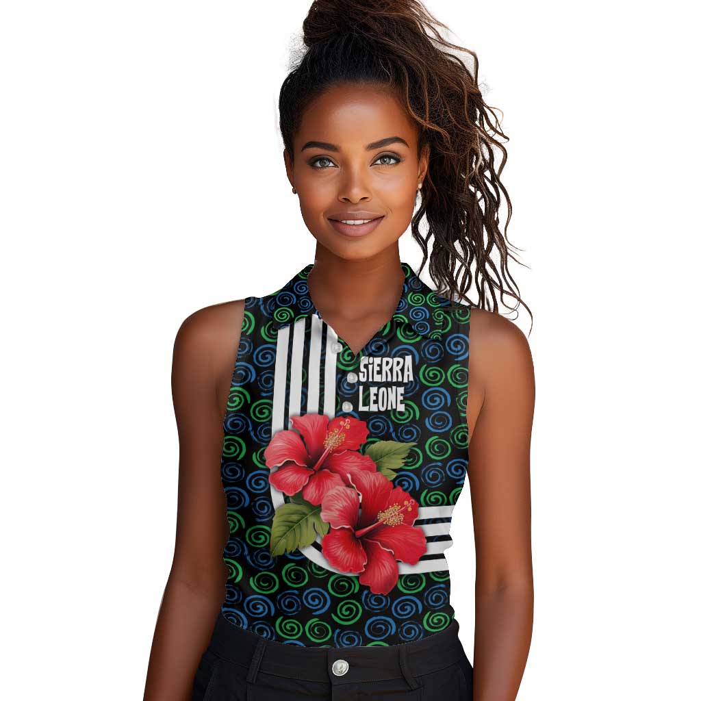 Sierra Leone Women Sleeveless Polo Shirt Red Hibiscus Floral Design