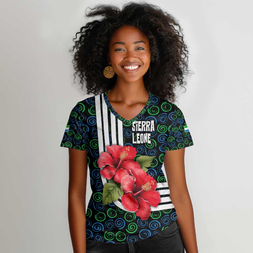 Sierra Leone Women V-Neck T-Shirt Red Hibiscus Floral Design