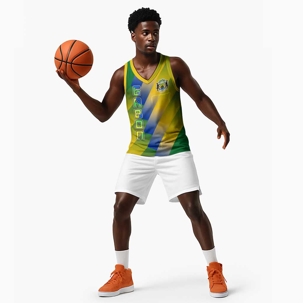 Gabon Flag Basketball Jersey - National Coat of Arms and Vertical Design - African Pride