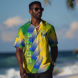 Gabon Flag Hawaiian Shirt - National Coat of Arms and Vertical Design