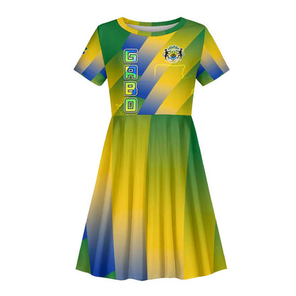 Gabon Flag Kid Short Sleeve Dress - National Coat of Arms and Vertical Design