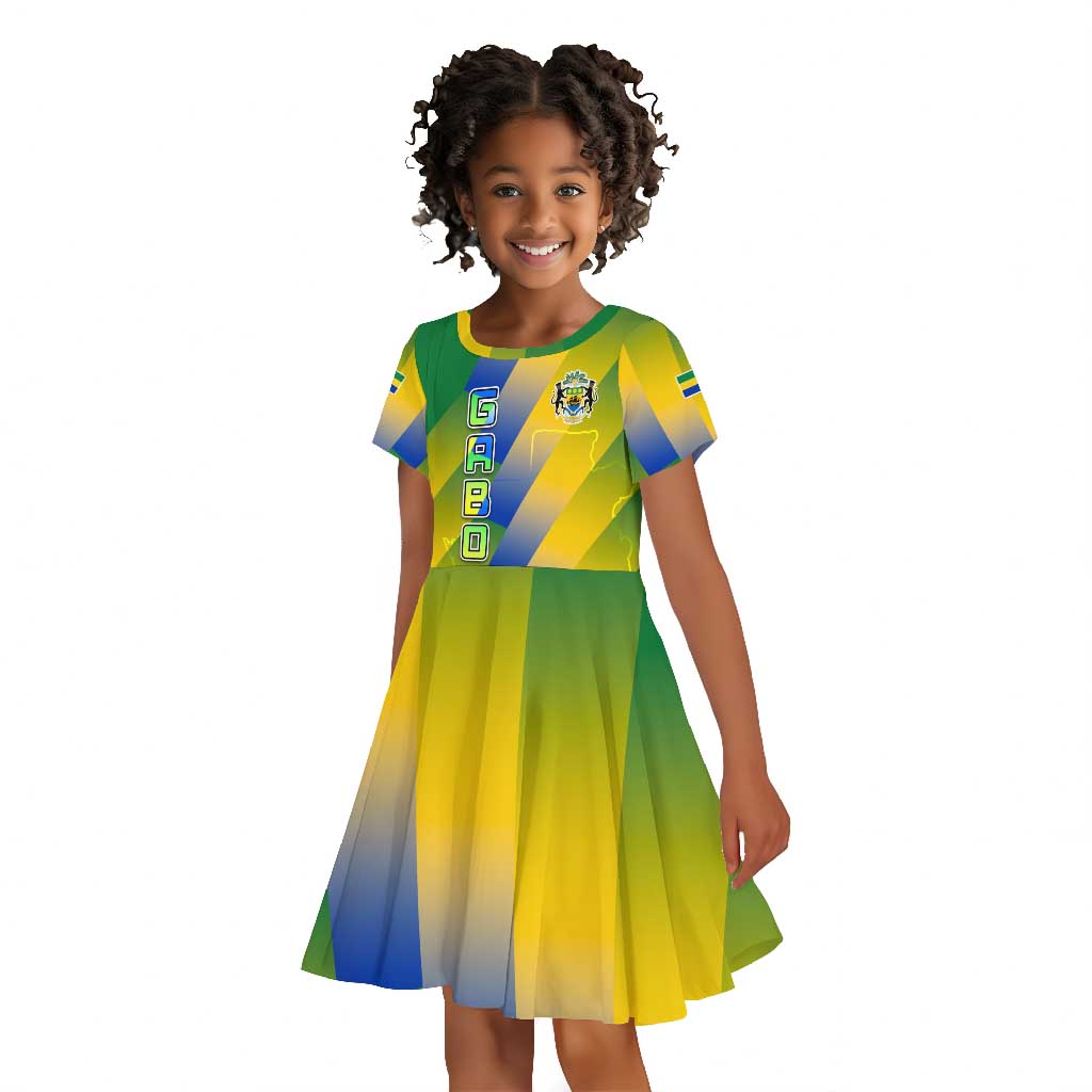 Gabon Flag Kid Short Sleeve Dress - National Coat of Arms and Vertical Design