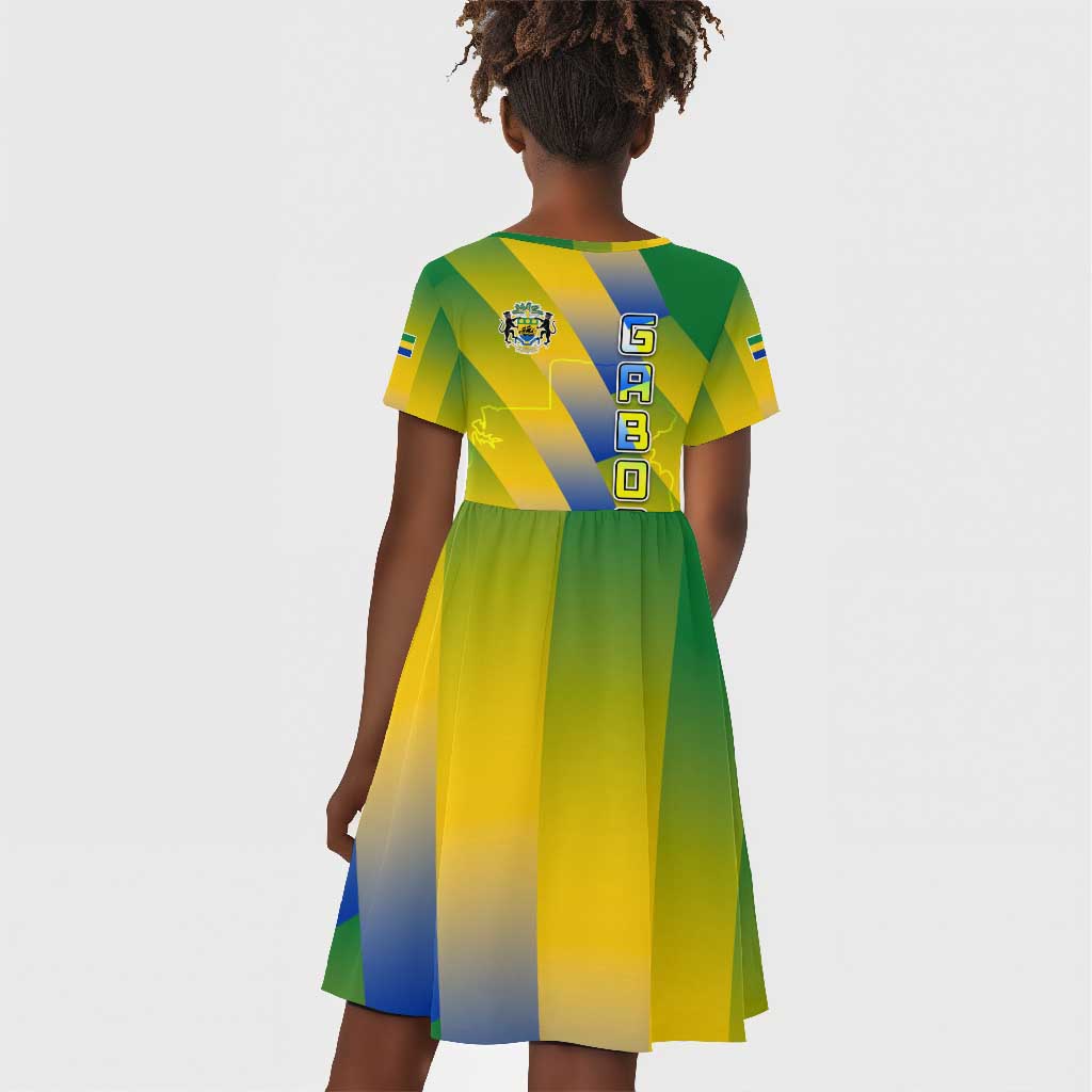 Gabon Flag Kid Short Sleeve Dress - National Coat of Arms and Vertical Design