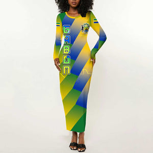 Gabon Flag Long Sleeve Bodycon Dress - National Coat of Arms and Vertical Design