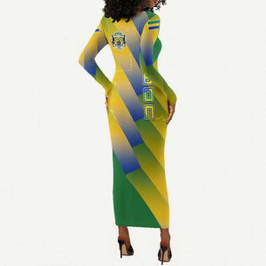 Gabon Flag Long Sleeve Bodycon Dress - National Coat of Arms and Vertical Design