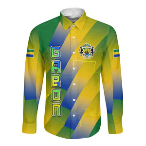 Gabon Flag Long Sleeve Button Shirt - National Coat of Arms and Vertical Design