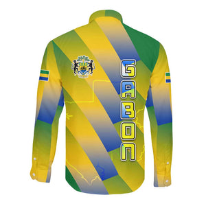 Gabon Flag Long Sleeve Button Shirt - National Coat of Arms and Vertical Design