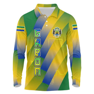 Gabon Flag Long Sleeve Polo Shirt - National Coat of Arms and Vertical Design