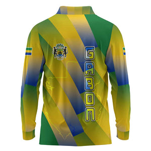 Gabon Flag Long Sleeve Polo Shirt - National Coat of Arms and Vertical Design