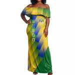 Gabon Flag Off Shoulder Maxi Dress - National Coat of Arms and Vertical Design