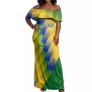 Gabon Flag Off Shoulder Maxi Dress - National Coat of Arms and Vertical Design