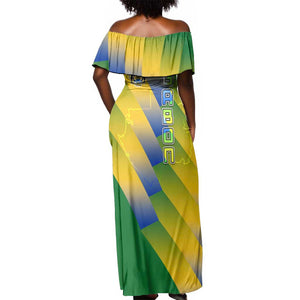 Gabon Flag Off Shoulder Maxi Dress - National Coat of Arms and Vertical Design