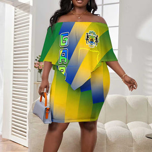 Gabon Flag Off Shoulder Short Dress - National Coat of Arms and Vertical Design