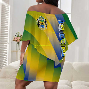 Gabon Flag Off Shoulder Short Dress - National Coat of Arms and Vertical Design
