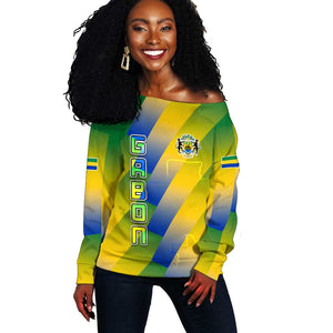 Gabon Flag Off Shoulder Sweater - National Coat of Arms and Vertical Design